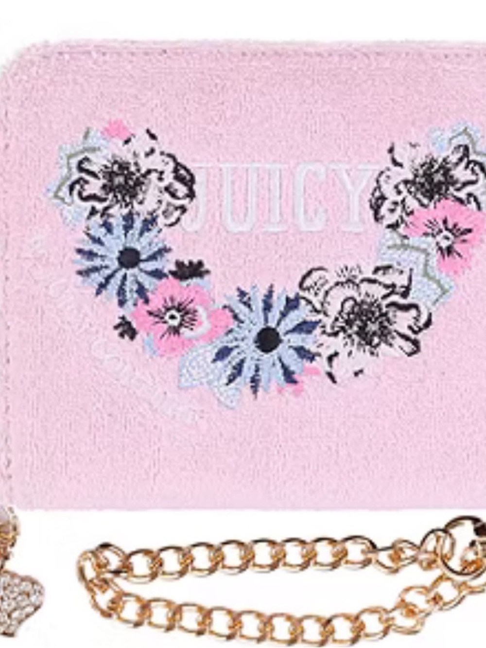 Juicy Couture Pink Floral Appliqué Card Holder with Gold Chain